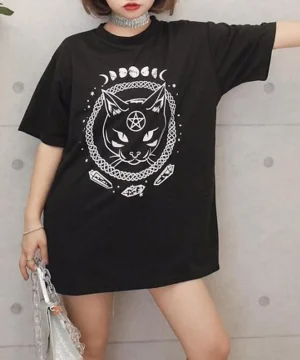 Gothic T-Shirt mit schwarzem Katzenaufdruck