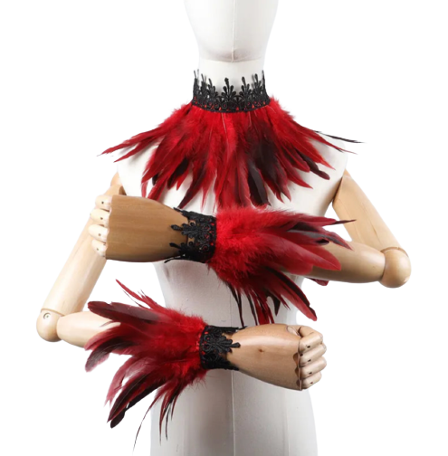 Federhalsband und Armbänder mit rotem und schwarzem Design