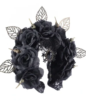 Schwarze Rosenkrone mit metallischen Blättern und Spitzendetails