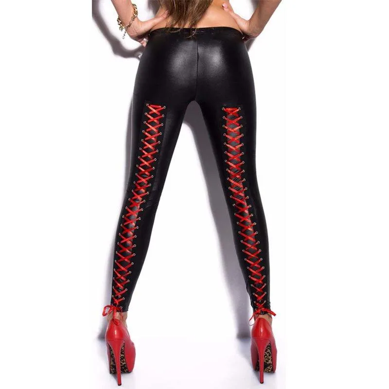 Gothic Leggings mit roten Schnürsenkeln – Bild 3
