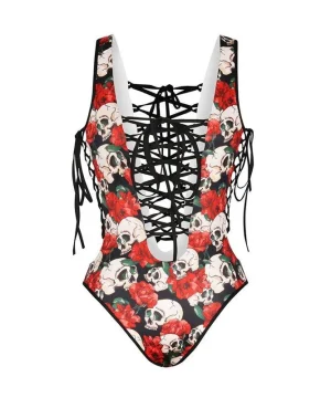 Gothic Badeanzug<br /> mit Blume und Totenkopf
