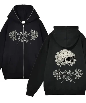 Gothic Kapuzenpullover mit Totenkopf und Rosen Print