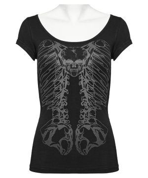 Damen-T-Shirt mit Totenkopf-Knochen-Aufdruck, ausgehöhlt, Schwarz - Gothic Shop