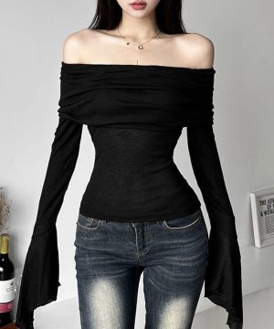 Schulterfreies Punk-Hemd mit ausgestellten Ärmeln für Damen - Gothic Shop