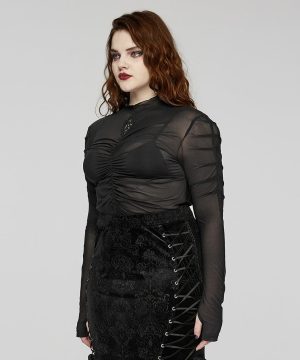 Damen-Hemd aus Netzstoff mit Gothic-Blumenstickerei und Plissee in Übergröße - Gothic Shop