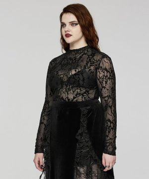 Damen-Oberteil aus transparentem, beflocktem Gothic-Mesh in Übergröße - Gothic Shop