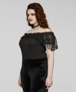 Schulterfreies, schulterfreies, gerüschtes Spitzen-Splice-Oberteil für Damen in Übergröße - Gothic Shop