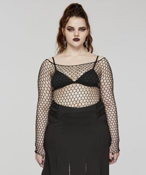 Damen-Punk-Slim-Fit-Oberteil aus transparentem Netzstoff in Übergröße - Gothic Shop