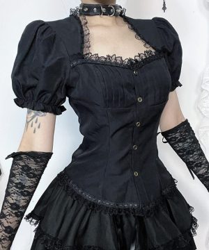 Damen-Gothic-Hemd mit Puffärmeln und Spitzensaum - Gothic Shop
