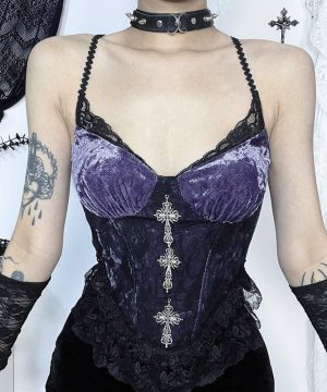 Damen-Tanktop aus Samt im Gothic-Stil mit Rose-Splice-Spitze - Gothic Shop