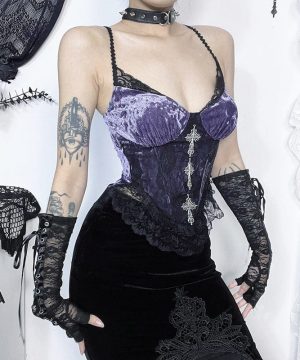 Damen-Tanktop aus Samt im Gothic-Stil mit Rose-Splice-Spitze - Gothic Shop