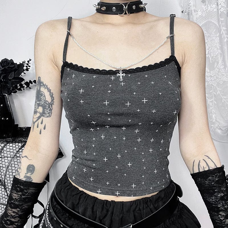Damen-Tanktop mit Grunge-Kreuz-Print und Kreuzkette - Gothic Shop