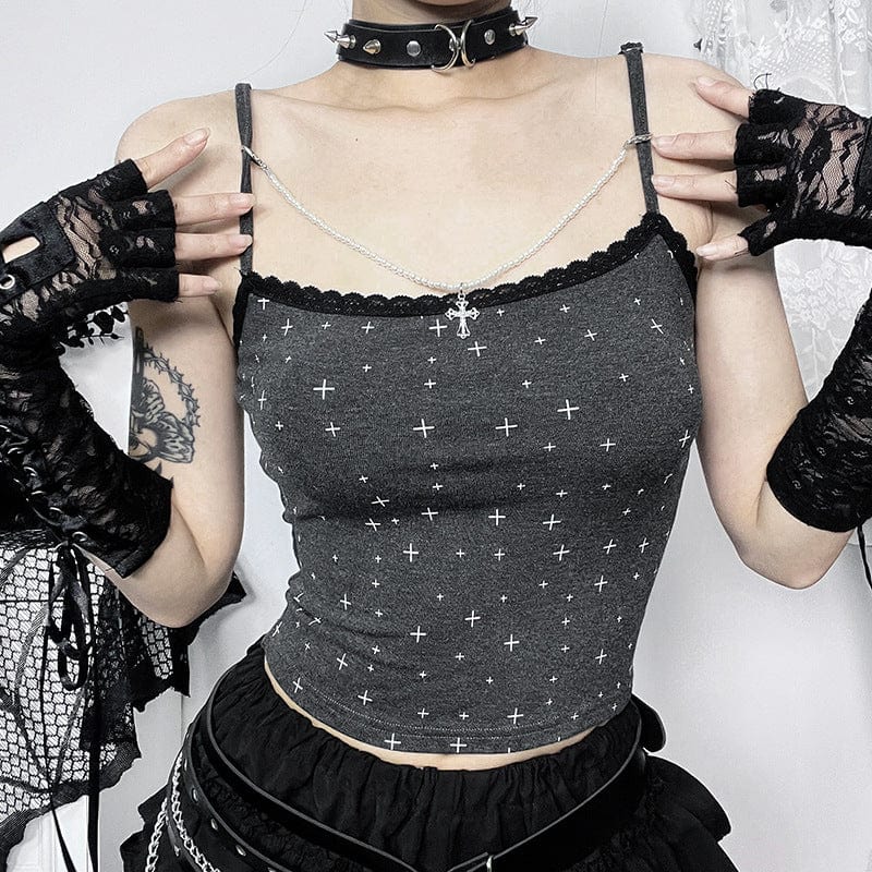 Damen-Tanktop mit Grunge-Kreuz-Print und Kreuzkette - Gothic Shop