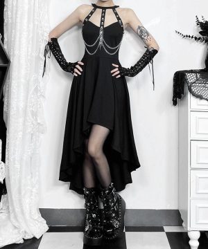 Damen-Hexenkleid mit Punk-Ösenkette, hoch/tief - Gothic Shop