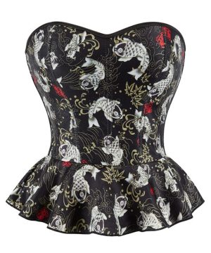 Damen-Gothic-Koi-Fisch-bedrucktes, gerüschtes Vollbrustkorsett - Gothic Shop