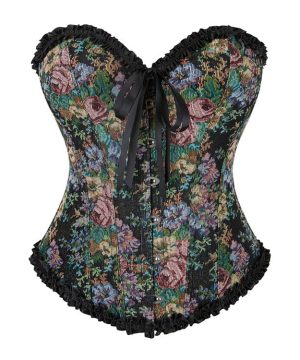 Damen-Vollbrustkorsett mit Gothic-Blumenmuster und Rüschen - Gothic Shop