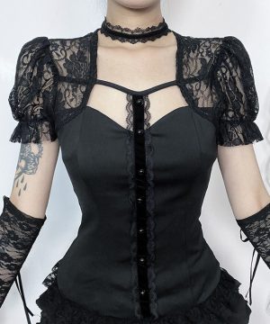 Damen-Gothic-Hemd mit Puffärmeln und Spitzenspleißen - Gothic Shop