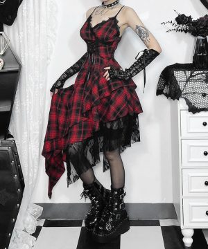 Damen-Party-Slipkleid mit unregelmäßiger Schnürung und Karomuster im Grunge-Stil - Gothic Shop