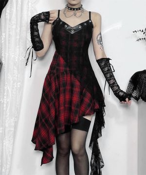 Damen-Trägerkleid mit Grunge-Splice-Karomuster für Musikfestivals - Gothic Shop
