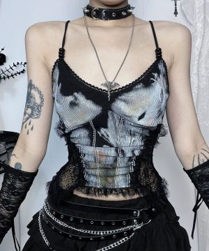 Damen-Tanktop mit geraffter Spitze und gespleißtem Grunge-Look - Gothic Shop