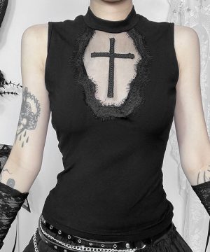 Unbesäumtes Tanktop mit Punk-Kreuz-Stickerei für Damen - Gothic Shop