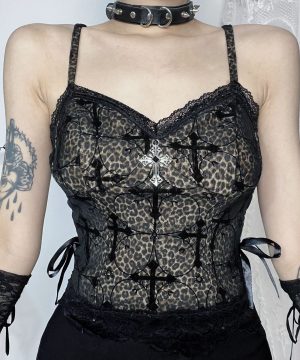Gothic Cross Leopard Beflocktes Tanktop für Damen - Gothic Shop
