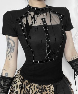 Gothic-Shirt mit Ösenriemen und Splice-Mesh für Damen - Gothic Shop