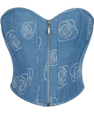 Damen-Overbust-Korsett aus Denim mit Grunge-Reißverschluss in Rose - Gothic Shop