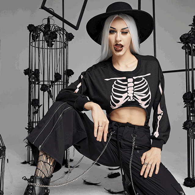 Abnehmbarer Body mit Punk-Skelett-Print für Damen - Gothic Shop