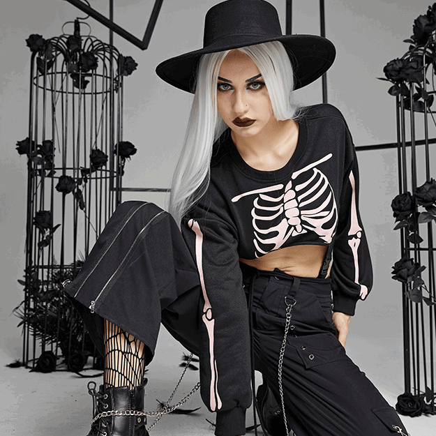 Abnehmbarer Body mit Punk-Skelett-Print für Damen - Gothic Shop