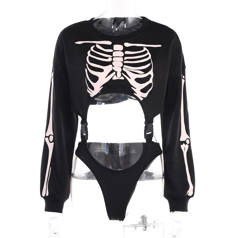 Abnehmbarer Body mit Punk-Skelett-Print für Damen - Gothic Shop