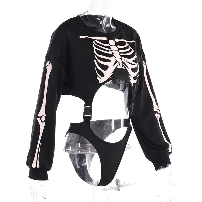 Abnehmbarer Body mit Punk-Skelett-Print für Damen - Gothic Shop