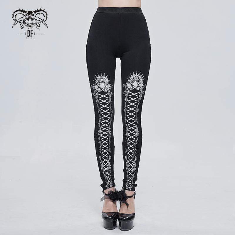 Bedruckte Gothic-Leggings mit Trägern für Damen in Weiß - Gothic Shop