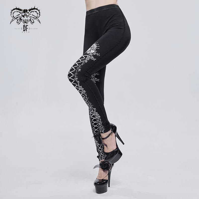 Bedruckte Gothic-Leggings mit Trägern für Damen in Weiß - Gothic Shop