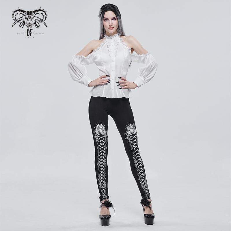 Bedruckte Gothic-Leggings mit Trägern für Damen in Weiß - Gothic Shop