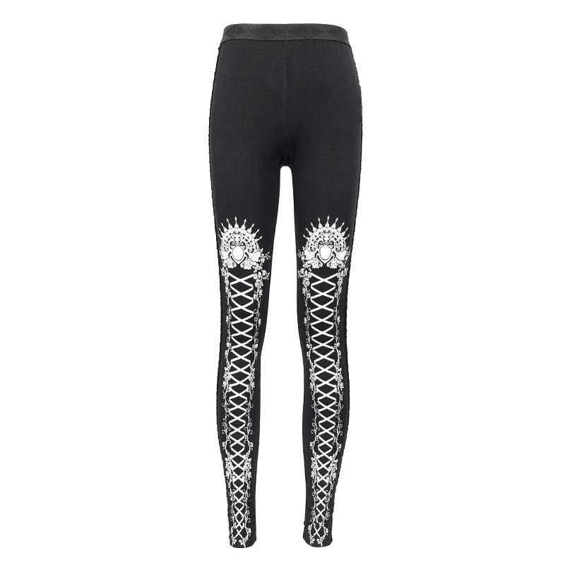 Bedruckte Gothic-Leggings mit Trägern für Damen in Weiß - Gothic Shop
