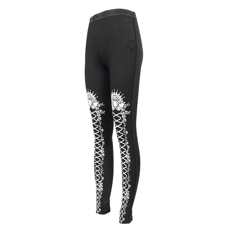 Bedruckte Gothic-Leggings mit Trägern für Damen in Weiß - Gothic Shop