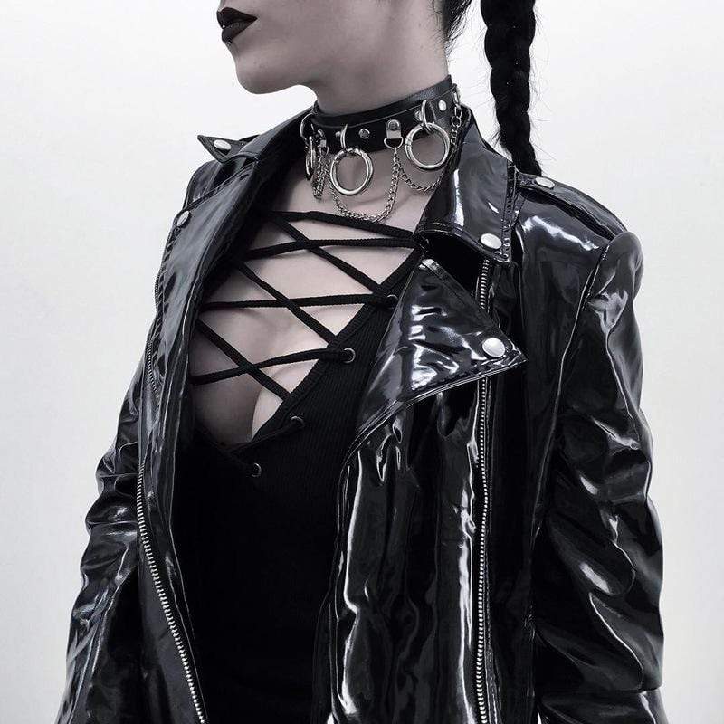 Breites Halsband aus Punk-Metallketten aus Kunstleder für Damen mit drei Ringen - Gothic Shop