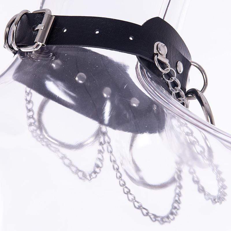 Breites Halsband aus Punk-Metallketten aus Kunstleder für Damen mit drei Ringen - Gothic Shop