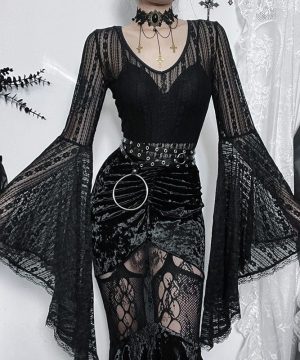 Damen-Body aus transparenter Spitze im Gothic-Stil mit Trompetenärmeln - Gothic Shop