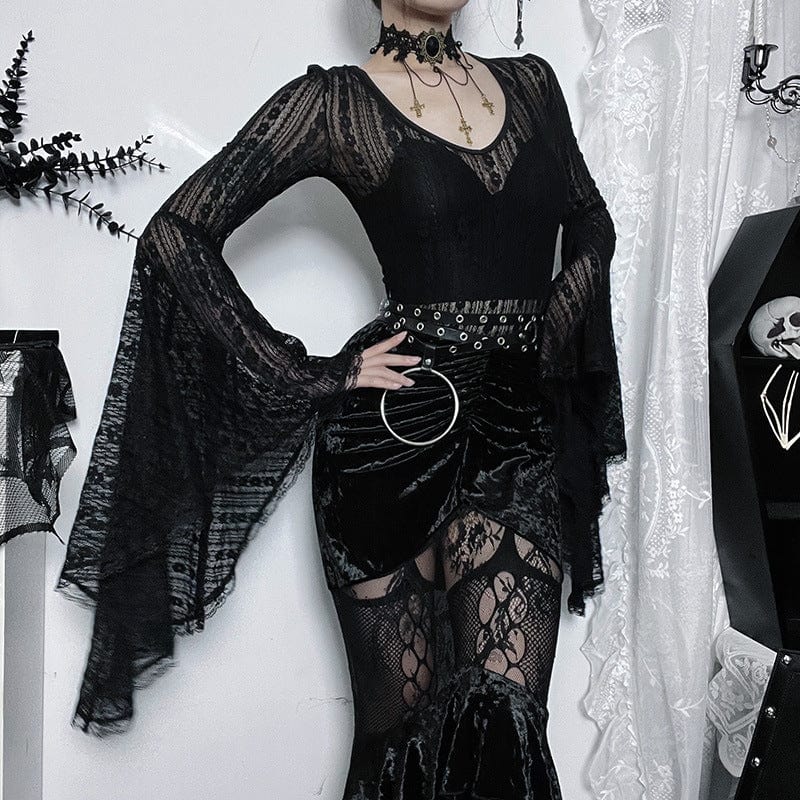 Damen-Body aus transparenter Spitze im Gothic-Stil mit Trompetenärmeln - Gothic Shop