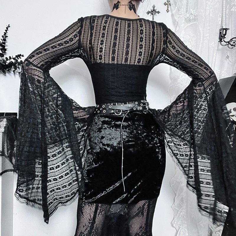 Damen-Body aus transparenter Spitze im Gothic-Stil mit Trompetenärmeln - Gothic Shop