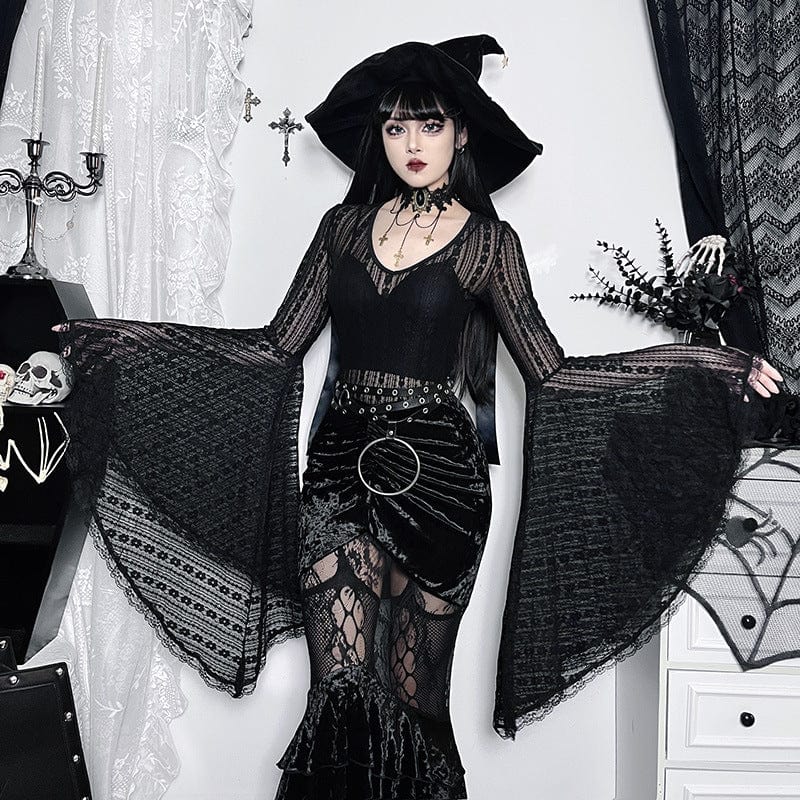 Damen-Body aus transparenter Spitze im Gothic-Stil mit Trompetenärmeln - Gothic Shop