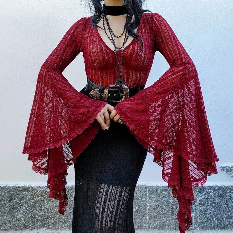 Damen-Body aus transparenter Spitze im Gothic-Stil mit Trompetenärmeln - Gothic Shop