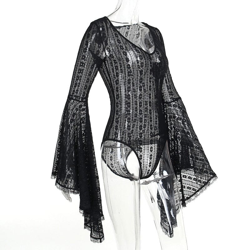 Damen-Body aus transparenter Spitze im Gothic-Stil mit Trompetenärmeln - Gothic Shop
