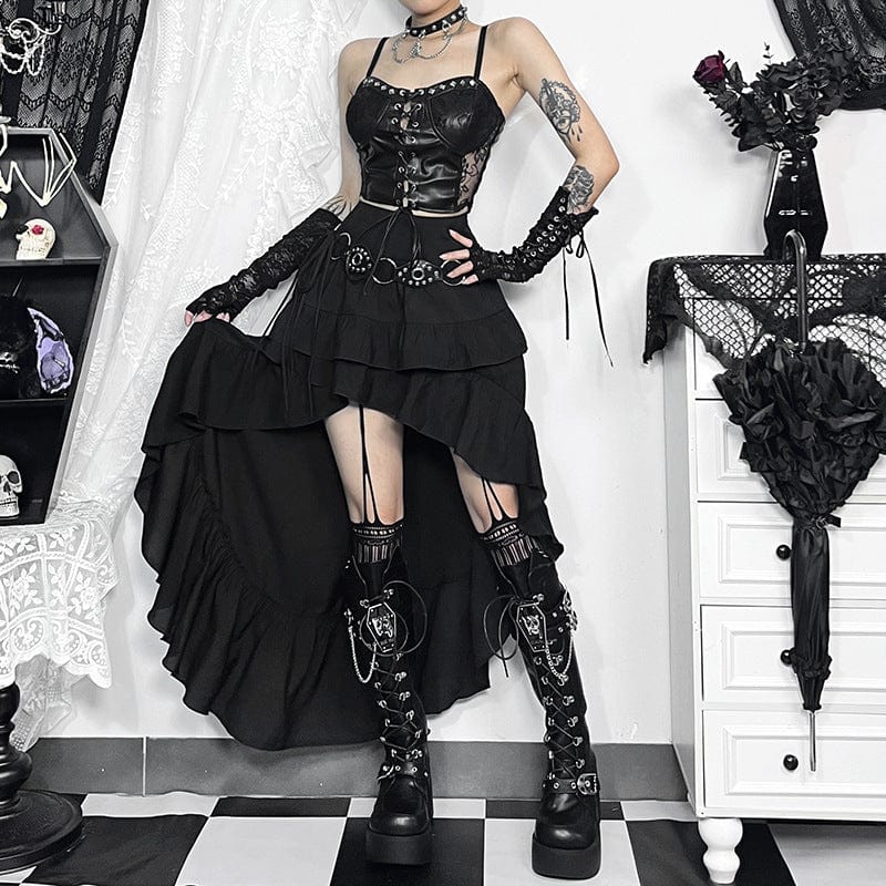 Damen-Bustier aus Kunstleder mit Punk-Nieten und Spitzenspleiß - Gothic Shop