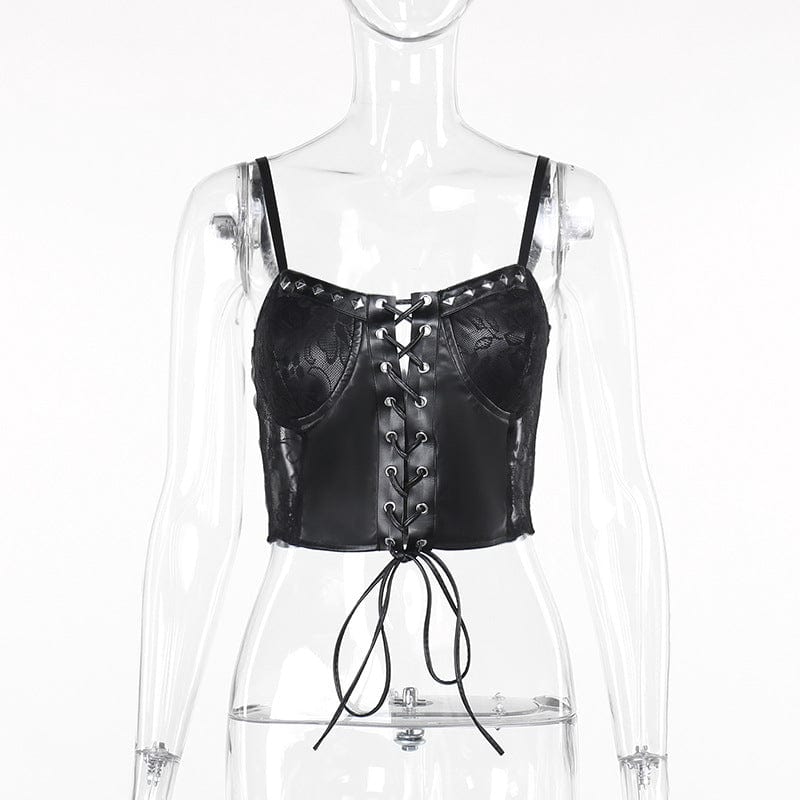 Damen-Bustier aus Kunstleder mit Punk-Nieten und Spitzenspleiß - Gothic Shop