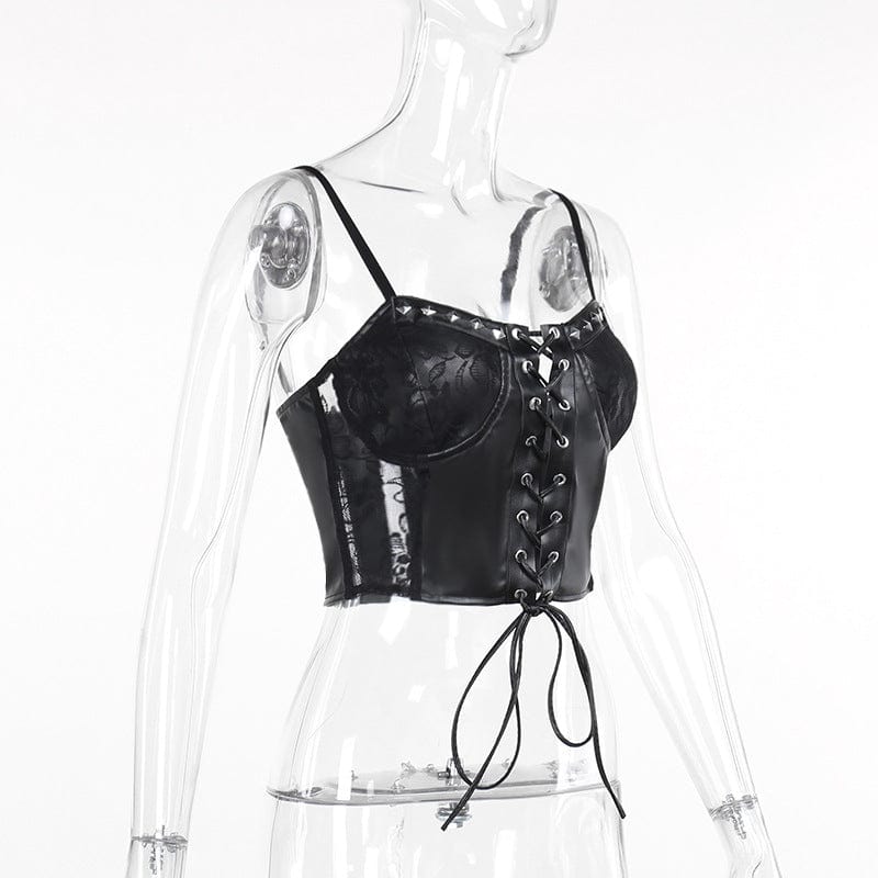 Damen-Bustier aus Kunstleder mit Punk-Nieten und Spitzenspleiß - Gothic Shop