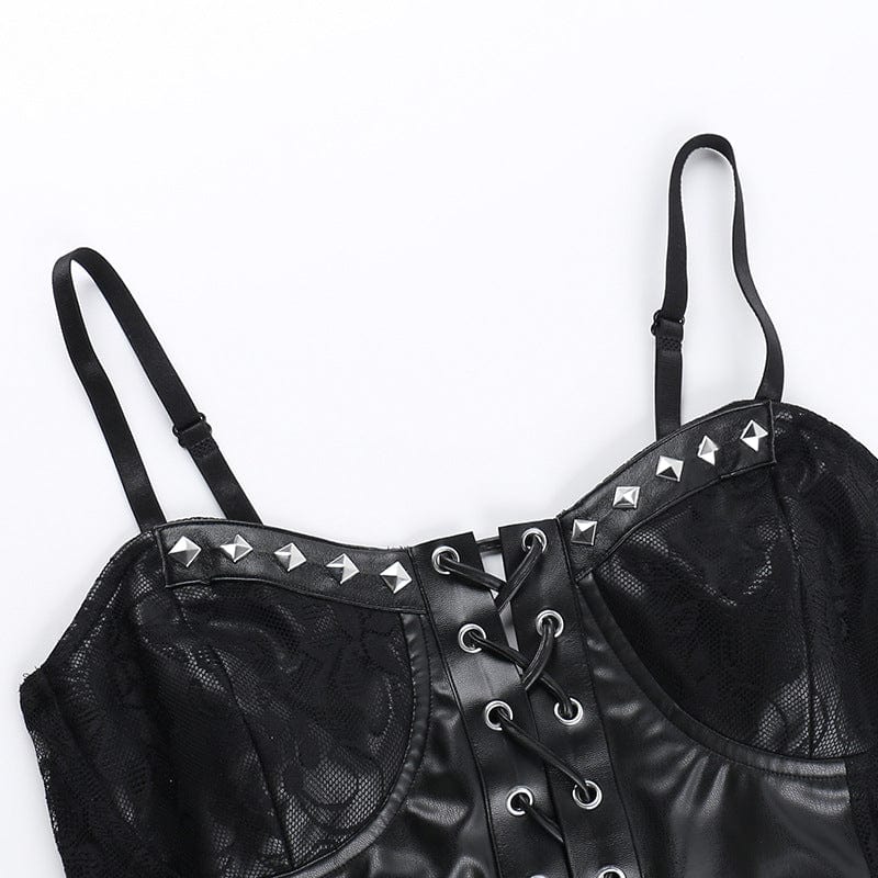 Damen-Bustier aus Kunstleder mit Punk-Nieten und Spitzenspleiß - Gothic Shop
