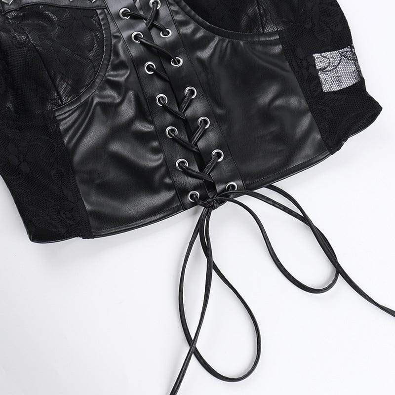 Damen-Bustier aus Kunstleder mit Punk-Nieten und Spitzenspleiß - Gothic Shop